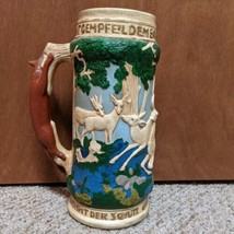 Vtg 11&quot; Ceramic German Mug Stein Men Hunt White Deer With Bows  - $93.34