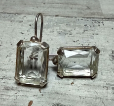 Vintage Silver Tone Clear Glass Faceted Rhinestone Rectangle Pierced Ear... - $12.78