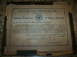 1928 ANTIQUE JC HOPKINS CUSTER COUNTY REGISTRAR CERTIFICATE OKLAHOMA DOC... - $49.49