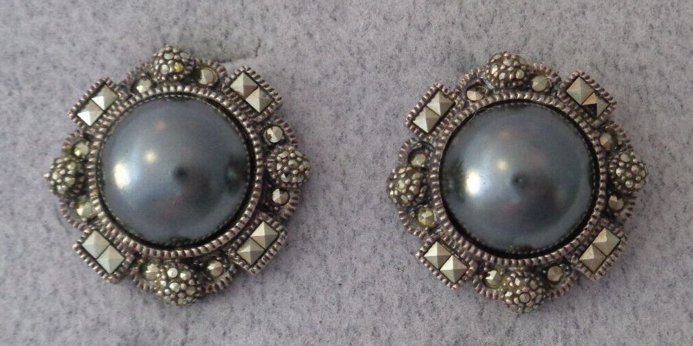 Primary image for Vtg Judith Jack Earrings Sterling Silver Marcasite Black Pearl Domed Pierced