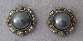 Vtg Judith Jack Earrings Sterling Silver Marcasite Black Pearl Domed Pierced - £31.45 GBP