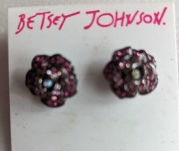 Betsey Johnson Garden Of Excess Pink Crystal Rose Flower Pewter Grey Ear... - $29.70