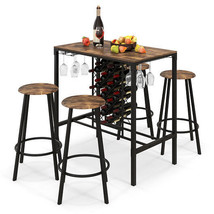 5 Pieces Bar Table and Stools Set with Wine Rack and Glass Holder-Rustic Brown  - £149.61 GBP