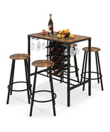 5 Pieces Bar Table and Stools Set with Wine Rack and Glass Holder-Rustic... - £147.52 GBP