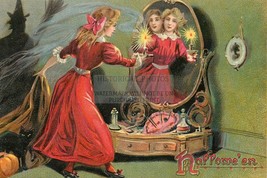 Lady Looking In Mirror Witch Halloween Tuck 4X6 Photo Postcard Reprint - £6.46 GBP