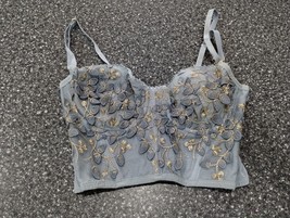 French Floral Embroidered Bustier Women XS Light Blue Tank Sleeveless - £13.10 GBP