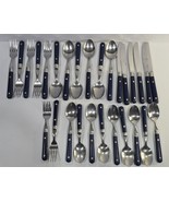 28 Vintage Stainless Steel Blue Plastic Handles Flatware Silverware Made... - $18.81