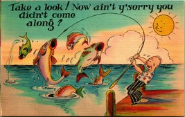 Comic Exaggeration Fishing Sorry You Didnt Come Linen Asheville Postcard... - £4.19 GBP