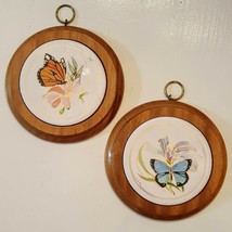 Napcoware Wood Tile Plaque Lot 2 VTG Butterfly Trivets 5&quot; Monarch Morpho Pleides - £19.76 GBP