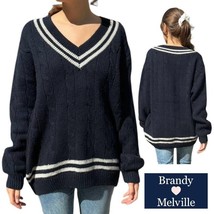 Y2k Brandy Melville Nikki Varsity Sweater OSFA Navy Wool V-Neck Oversize... - $34.99