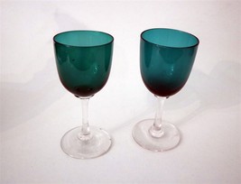 Pair Victorian Bristol Green 4&quot; Wine Glasses c1850 Very Pretty - £63.91 GBP