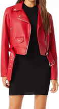 Stylish Women&#39;s Original Lambskin Leather Red Cropped Biker Motorcycle Jacket - £111.07 GBP+