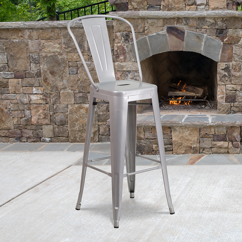 30" Silver Metal Outdoor Stool CH-31320-30GB-SIL-GG