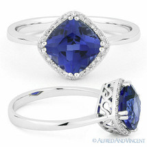 2.23ct Cushion Cut Blue Lab Sapphire Diamond Halo 14k White Gold Engagement Ring - £379.61 GBP