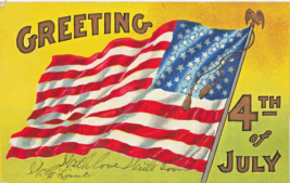 GREETING 4th OF JULY FLAG 1907 EMBOSSED PATRIOTIC ANTIQUE POSTCARD - $4.95