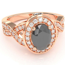 Three Stone Black Onyx Diamond Peekaboo Halo Engagement Ring In 14k Rose Gold - £638.68 GBP