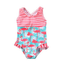 NEW Girls Blue Flamingo Striped Ruffle Swimsuit Bathing Suit 2T 3T 4T 5T 6 - $7.14