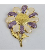 Vintage Mid Century Style Flower Brooch Pin 2.25 Inch Gold Tone w/ Purple - £15.58 GBP