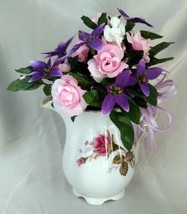 Lovely Handmade Pink/Purple Floral Arrangement in Antique Creamer Pitcher - £23.21 GBP