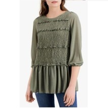 Fever Womens M Vetiver Green Ruffled Ruched 3/4 Sleeve Top NWT R85 - £19.55 GBP