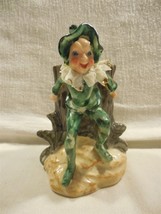 Vintage Occupied Japan Ceramic Green Pixie Elf Tree Log Planter Vase - Sm Chips - £13.28 GBP