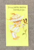 Vintage Little Girl Yellow Dress Butterfly Easter Card 1960s Junk Journaling - £3.98 GBP