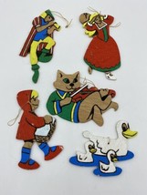 5 Vintage Nursery Rhyme Wood Cut Out Ornaments Folk Art Display Hand Pai... - $9.89