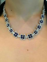 23 Ct Simulated Blue Sapphire &amp; Diamond Floral Necklace  925 Silver Gold Plated - £237.45 GBP