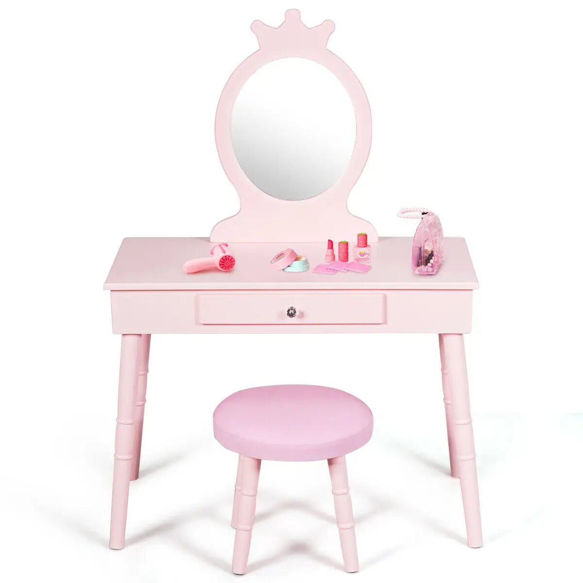 Kids Vanity Makeup Table &amp; Chair Set Make Up Stool Play Set for Children Pink  - £155.79 GBP