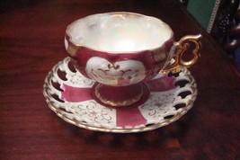 Compatible with Royal Sealy Japan lusterware footed cup&amp; saucer,pink/pur... - $29.39