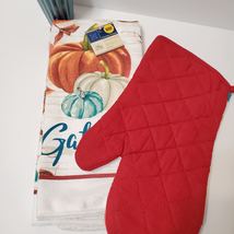 Fall Kitchen Linen Set, 3pc, Pumpkins Gather Autumn, Towels Oven Mitt, NWT image 7