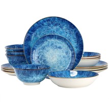 Elama Oceanus 16 Piece Porcelain Double Bowl Dinnerware Set in Blue - $1,527.43 MXN