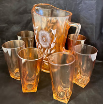 Amber Iridescent Pitcher with 6 Iridescent Glasses 8 oz Pitcher Holds 48 OZ - £40.76 GBP