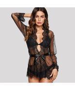 Eyelash Lace Trim Robe With Thong New Summer Black Sexy Wireless Lace Briefs - £20.90 GBP