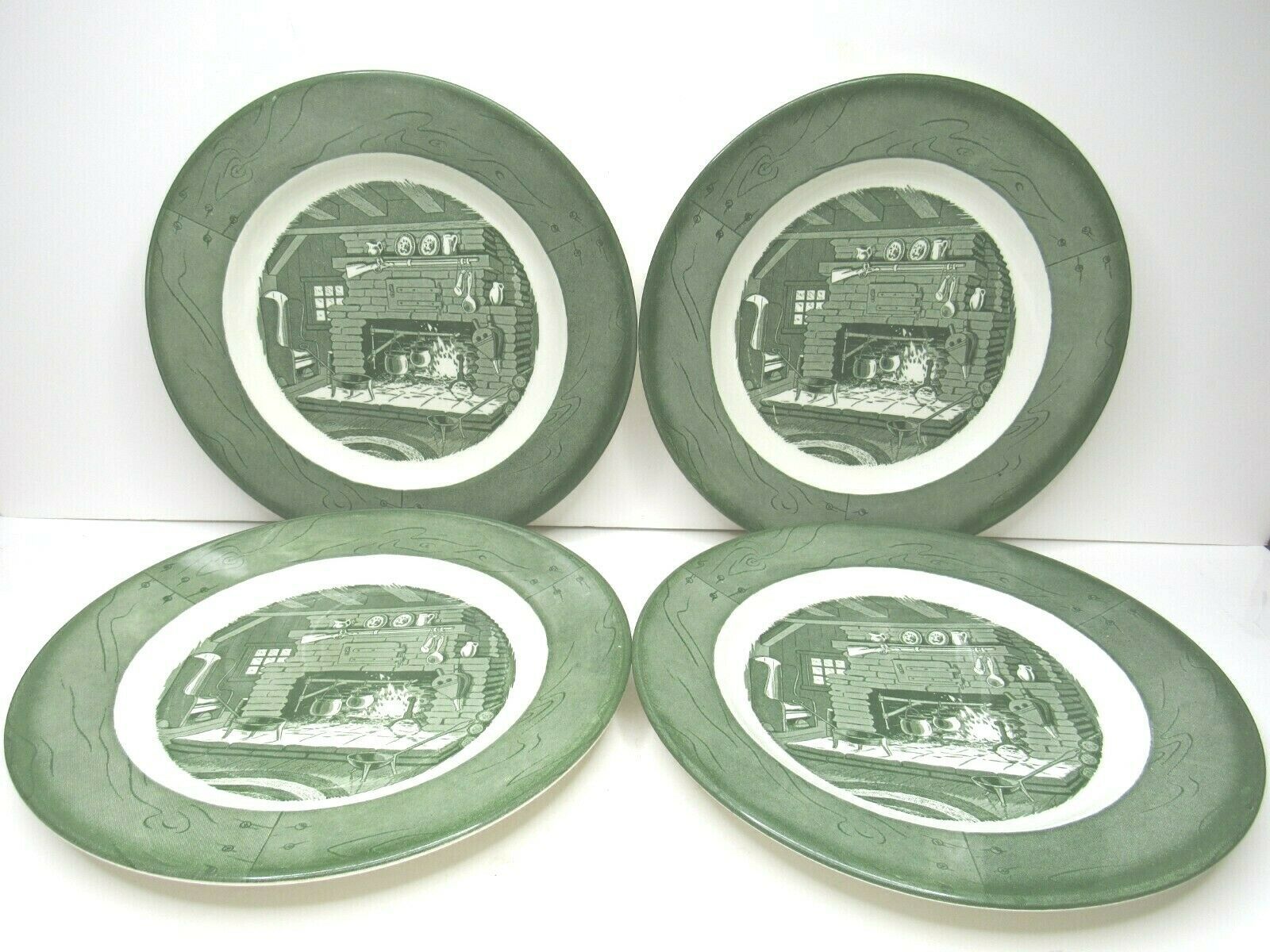 Primary image for 4 VTG Colonial Homestead Royal Green Home Scene Rim 9 7/8" Dinner Plates USA MCM
