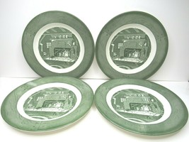 4 VTG Colonial Homestead Royal Green Home Scene Rim 9 7/8&quot; Dinner Plates... - $43.23