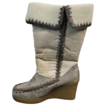 American Eagle Winter Mid Calf Wedge Heels Boots Cream Gray Suede Women Size 8.5 - £27.70 GBP