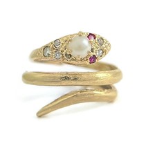 Antique Art Nouveau Snake Pearl Diamond Cocktail Ring 14K Yellow Gold, 7... - $1,495.00