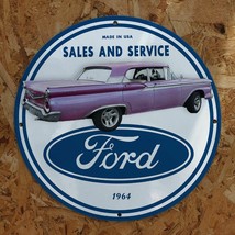 Vintage 1964 Ford Motor Car Sales And Service Porcelain Gas &amp; Oil Pump Sign - $148.45