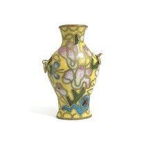 Vintage Yellow Enamel Brass Floral Chinese Vase Urn Cloisonné Pendant, 10.93 Gr - £35.28 GBP