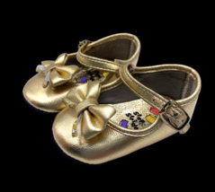 Vtg Baby Infant Girls Shoes Size 0 Gold Bow Mary Jane Dress Shoe 90s Christmas - £20.83 GBP