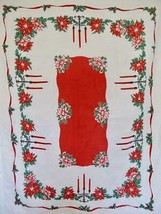 Vintage 50s Christmas Tablecloth Candles Candelabra Poinsettia Holly Red 50 x 65 - £31.85 GBP