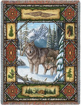 72x54 WOLF Lodge Wildllife Winter Snow Tapestry Afghan Throw Blanket - £50.05 GBP