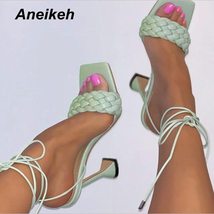 Aneikeh Sexy PU Cross-Tied Sandales Summer 2021 NEW Peep Toe High Heel Solid Fas - £38.17 GBP