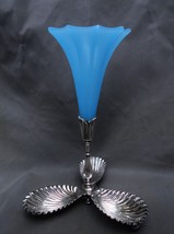 Antique French Napoleon III Blue Opaline Glass Trumpet Epergne Vase SP Shell Dis - £312.41 GBP