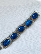 Vintage Chunky SIlvertone Floral Rectangle with Cobalt Blue Faceted Oval Plastic - £17.17 GBP
