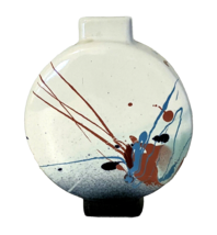 Japanese Studio Pottery Flat Round Vase White w/Hand Painted Accents Foo... - £15.31 GBP