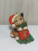 Cat in Santa hat gift holly leaves berries Christmas Tree Ornament made ... - $4.79