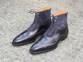 Handmade Men&#39;s Two Tone Wing Tip Leather Ankle Boots, Men Leather Dress Boot - £110.99 GBP