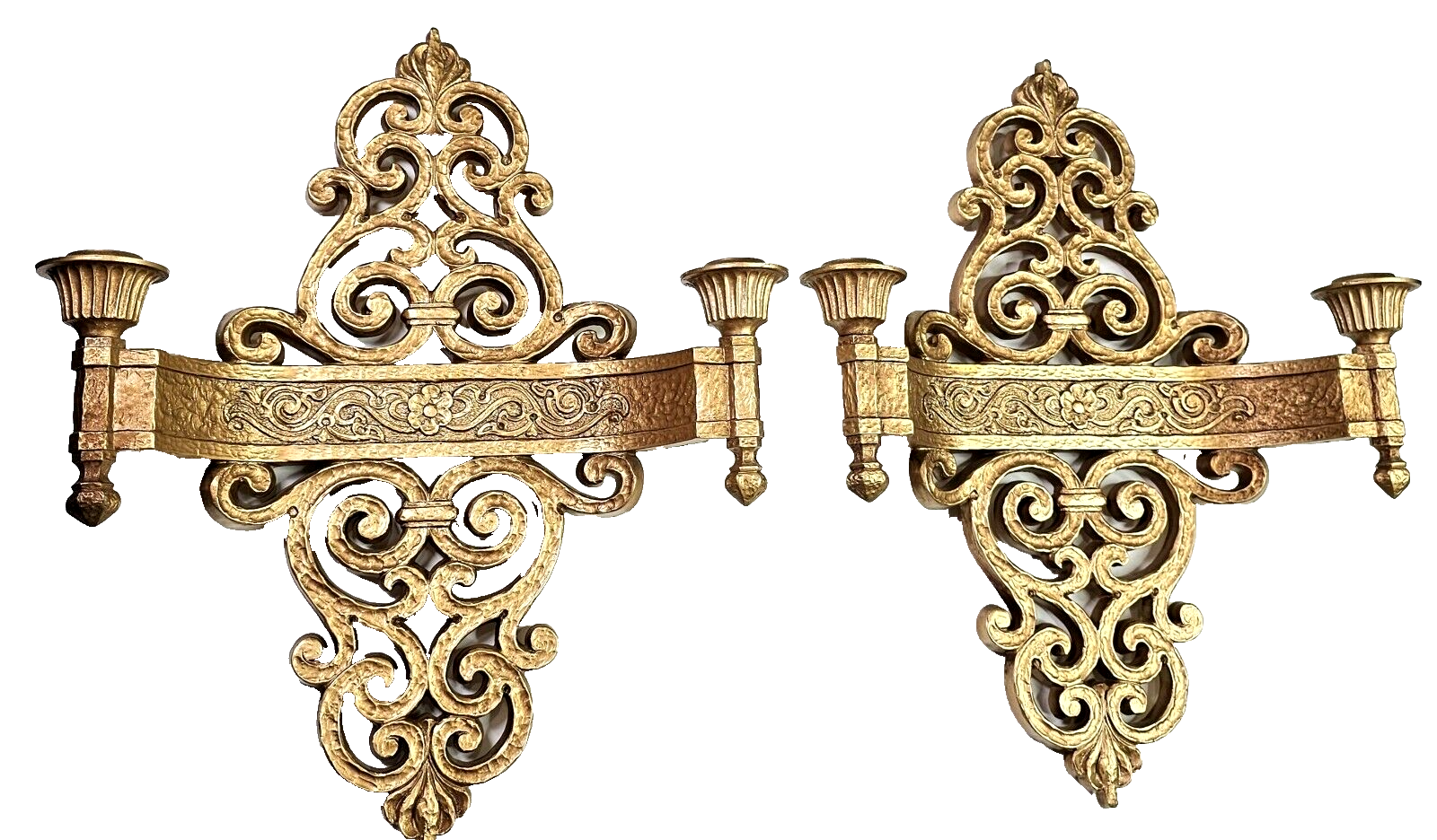 Vintage SYROCO Wall Sconce Candleholder Pair Double Arm Gold MCM Regency Scroll - $58.99